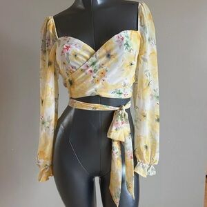 Sheer Floral Bloom Chiffon Crop Top Y2K  True Wrap Yellow Romantic Milkmaid